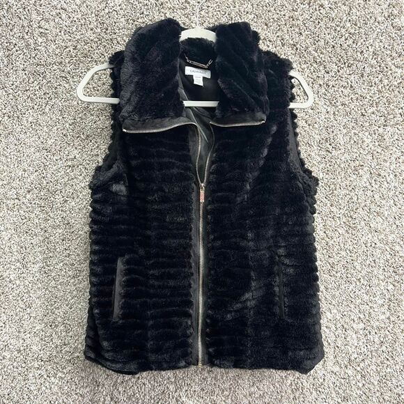 Calvin Klein Vest Women’s Small Black Faux Fur Zip Up - Picture 1 of 5